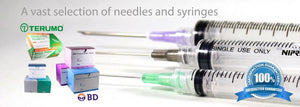 Plethora of needles gauges lengths of hypodermic needles and insulin syringe needle combos.